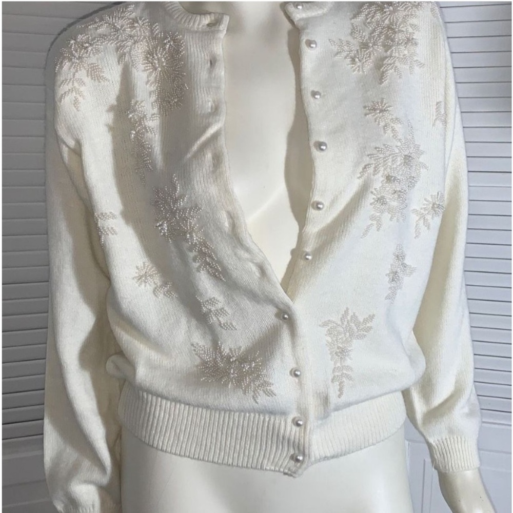 NWT Vintage Ivory Pearl Beaded Cardigan Sweater Size Small